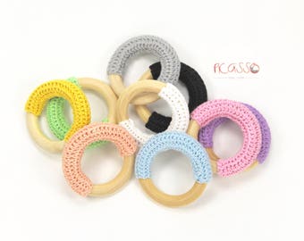 Toy teether CROCHETED RING natural wood untreated, coton, baby gift, sensory toys,shower gift, baby toy, baby teething toy, baby teether