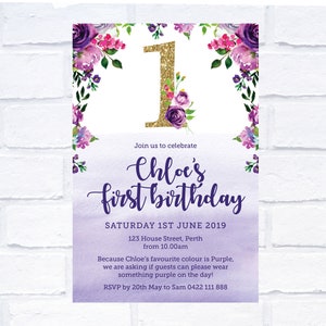 ANY AGE Purple Florals Gold Glitter Birthday Invitation, Digital Invitation, Print Yourself