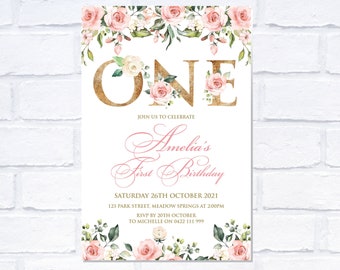 Floral First Birthday Invitation, Digital Invitation, Print Yourself