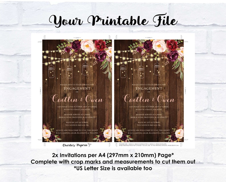 May include: Two printable engagement party invitations with a rustic wood background, burgundy and blush floral arrangements, and mason jars with string lights. The text reads "Please join us to celebrate the engagement of Caitlin & Owen".