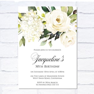 May include: White floral invitation with green leaves for Jacqueline's 50th birthday party. The invitation includes the date, time, location, and RSVP information.
