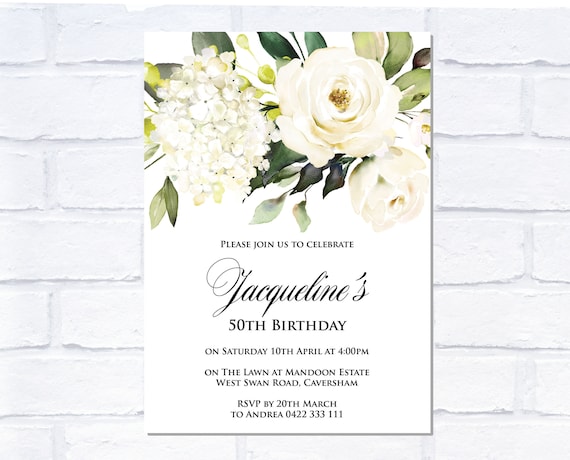 ANY AGE White Floral Birthday Invitation, Digital Invitation, Print Yourself