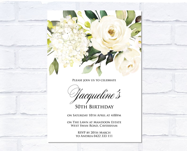 May include: White floral invitation with green leaves for Jacqueline's 50th birthday party. The invitation includes the date, time, location, and RSVP information.