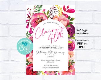 Editable ANY AGE Fuschia Floral Birthday Invitation