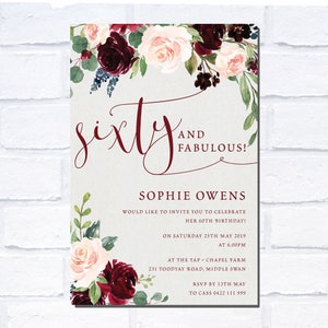 60th Birthday Burgundy Floral Invitation, Digital Invitation, Print Yourself