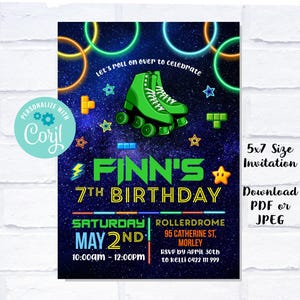 May include: A digital invitation for a 7th birthday party featuring a pair of bright green roller skates on a dark blue starry background with neon-colored geometric shapes, stars, and text that reads Finn's 7th Birthday, Saturday May 2nd.