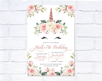 May include: A pink and white floral unicorn birthday invitation with the text "Madi's 7th Birthday" and details for the party, including the date, time, and location.