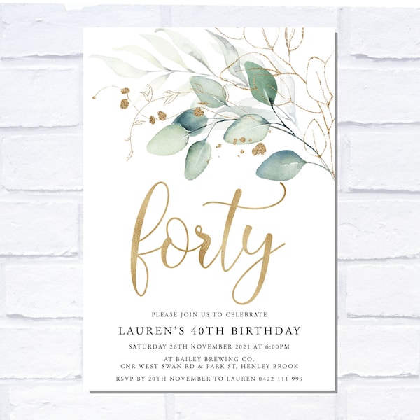 Eucalyptus 40th Birthday Invitation, Digital Invitation, Print Yourself