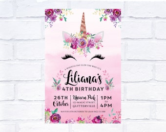 May include: A pink unicorn-themed birthday invitation with floral accents. The invitation features a unicorn face with a golden horn and floral crown. Text includes "Liliana's 4th Birthday" and event details.