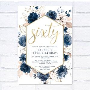 60th Birthday Navy Floral Invitation, Digital Invitation, Print Yourself