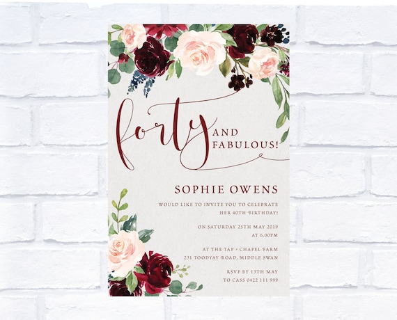 40th Birthday Burgundy Floral Invitation, Digital Invitation, Print Yourself
