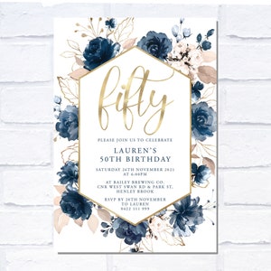 50th Birthday Navy Floral Invitation, Digital Invitation, Print Yourself