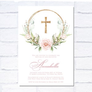 Baptism / Holy Communion / Confirmation Gold Foil Cross Rose Invitation, Digital Invitation, Print Yourself