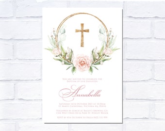 Baptism / Holy Communion / Confirmation Gold Foil Cross Rose Invitation, Digital Invitation, Print Yourself