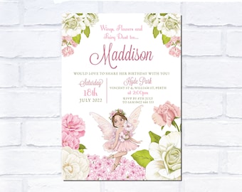 Puede incluir: Una invitación de cumpleaños rosa y blanca con una ilustración de hada. La invitación es para la fiesta de cumpleaños de Maddison el sábado 18 de julio a las 2:00 pm en Hyde Park, Vincent St & William St, Perth. RSVP antes del 8 de julio a Sam 0422 444 333.