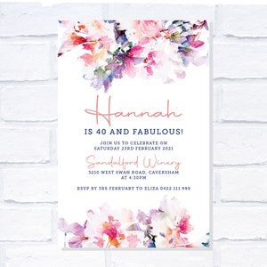ANY AGE Watercolour Floral Invitation, Digital Invitation, Print Yourself