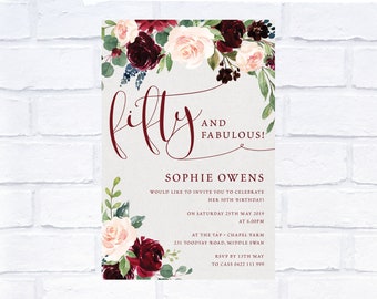 Invitación de cumpleaños floral burdeos para 50 años y fabulosa, invitación digital, imprímela tú mismo