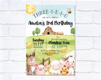 Three IEIO Farm Birthday Invitation, Digital Invitation, Print Yourself