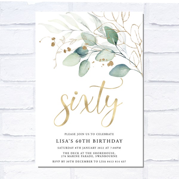 Eucalyptus 60th Birthday Invitation, Digital Invitation, Print Yourself