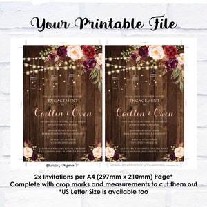 May include: Two printable engagement party invitations with a rustic wood background, burgundy and blush floral arrangements, and mason jars with string lights. The text reads "Please join us to celebrate the engagement of Caitlin & Owen".