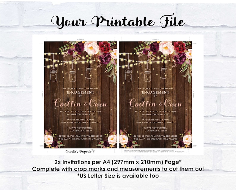 May include: Two printable engagement party invitations with a rustic wood background, burgundy and blush floral arrangements, and mason jars with string lights. The text reads "Please join us to celebrate the engagement of Caitlin & Owen".