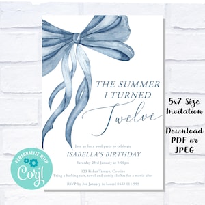 Könnte beinhalten: Eine 13x18 cm große Einladungskarte mit einer blauen Aquarellschleife oben. Der Text lautet: THE SUMMER I TURNED Twelve, Join us for a pool party to celebrate ISABELLA'S BIRTHDAY, Saturday 23rd January at 5:00pm, 123 Fisher Terrace, Cousins, Bring a bathing suit, towel and comfy clothes for a movie after, RSVP by 3rd January to Laurel 0422 111 999.