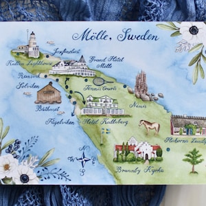 Aangepaste geïllustreerde kaart van Zweden, locatieillustratie, handbeschilderd met echte aquarellen, voor cadeauzakje, alleen digitaal