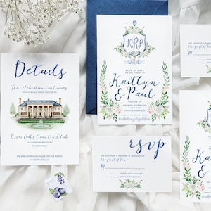 Custom Watercolor Wedding Suite | Digital Only | With Venue Illustration and Watercolor Peonies | Wedding Cards
