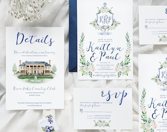 Custom Watercolor Wedding Suite | Digital Only | With Venue Illustration and Watercolor Peonies | Wedding Cards