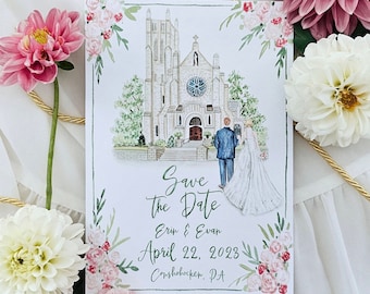 Custom Watercolor Save the Date Card | Digital Only | Venue Illustration | Bride and Groom