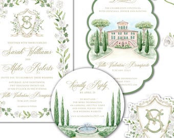 Custom Italian Wedding Invitation Suite, Tuscany Villa Wedding Invite, Watercolor Floral Invitation, Elegant Destination Wedding