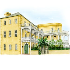 May include: Watercolor illustration of a yellow building with a green door and a wrought iron gate. The building has multiple stories with white balconies and black hanging lamps. A palm tree is visible.