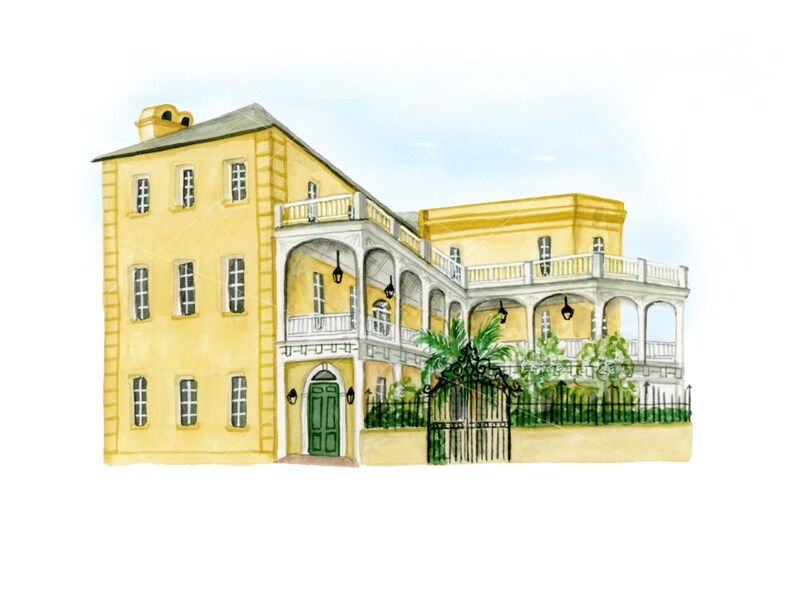 May include: Watercolor illustration of a yellow building with a green door and a wrought iron gate. The building has multiple stories with white balconies and black hanging lamps. A palm tree is visible.