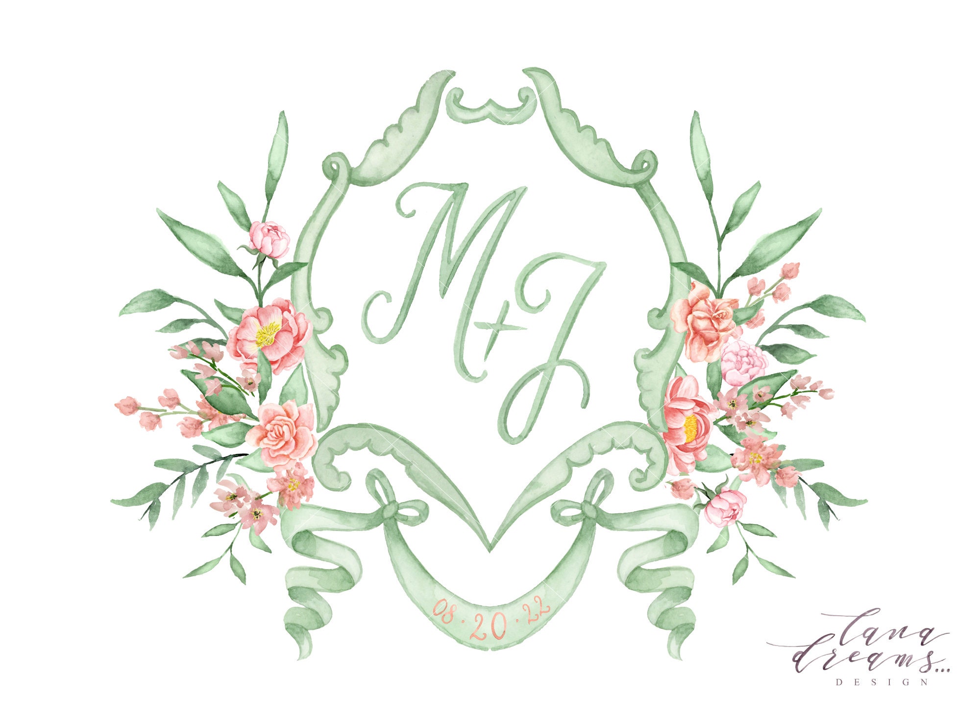 Floral Wedding Crest, Pink Roses, Regency Era, Watercolor Wedding ...