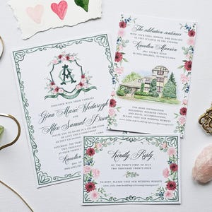 Invitación personalizada en acuarela pintada a mano, con flores en acuarela e ilustración del lugar (solo digital)