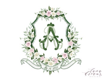 Custom Elegant Wedding Crest | Digital Only | Pink Roses | Handpainted Gift