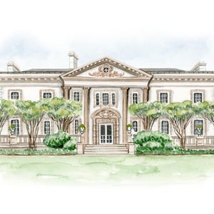May include: Watercolor painting of a stately white mansion with a classical design. The building features columns, multiple windows, and a detailed facade. Lush green trees and bushes frame the house, set against a light green lawn and a soft blue sky.