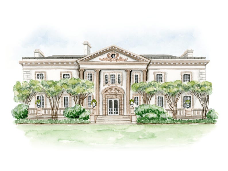 May include: Watercolor painting of a stately white mansion with a classical design. The building features columns, multiple windows, and a detailed facade. Lush green trees and bushes frame the house, set against a light green lawn and a soft blue sky.