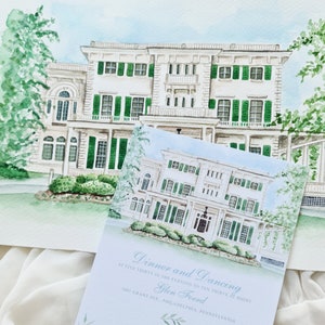 May include: A watercolor painting of a large white mansion with green shutters and a matching printed invitation card featuring the text Dinner and Dancing at five thirty in the evening to ten thirty at night Glen Foerd 5001 Grant Ave Philadelphia Pennsylvania.