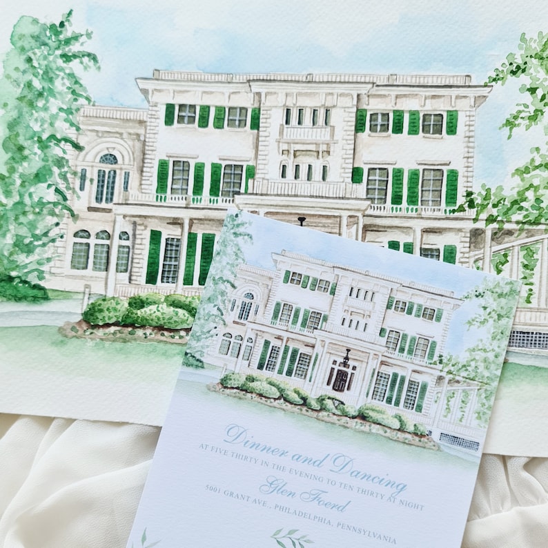 May include: A watercolor painting of a large white mansion with green shutters and a matching printed invitation card featuring the text Dinner and Dancing at five thirty in the evening to ten thirty at night Glen Foerd 5001 Grant Ave Philadelphia Pennsylvania.