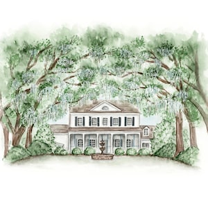 May include: Watercolor painting of a stately white house with black shutters and a porch, framed by lush green trees and foliage. A tiered fountain sits in front of the house, creating a serene landscape.