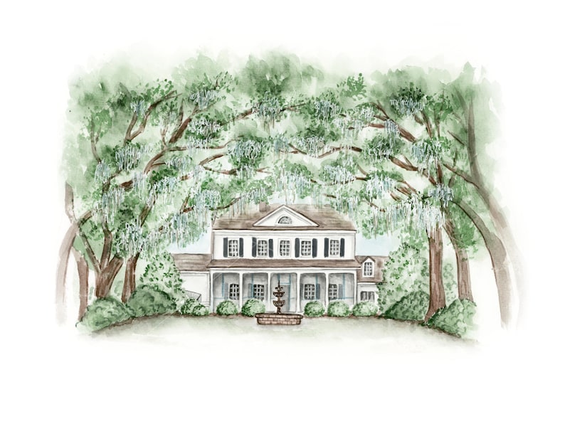May include: Watercolor painting of a stately white house with black shutters and a porch, framed by lush green trees and foliage. A tiered fountain sits in front of the house, creating a serene landscape.
