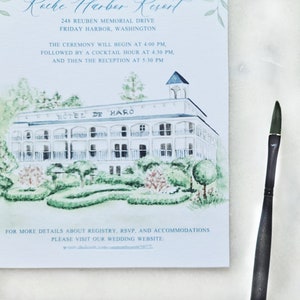 May include: A wedding invitation card featuring a watercolor illustration of the Hotel de Haro at Roche Harbor Resort, with text detailing the event schedule and location, accompanied by a black paintbrush resting on the right side of the card.