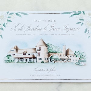 May include: A rectangular Save the Date card featuring a watercolor illustration of a large building with a central tower. The text reads: SAVE THE DATE, Nicole Scardino & Brian Ingrassia, SEPTEMBER 24TH, 2022, MONTAUK LAKE CLUB MONTAUK, NY, Invitation to follow, WWW.NICOLEANDBRIAN2022.COM.