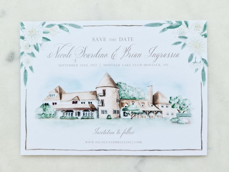May include: A rectangular Save the Date card featuring a watercolor illustration of a large building with a central tower. The text reads: SAVE THE DATE, Nicole Scardino & Brian Ingrassia, SEPTEMBER 24TH, 2022, MONTAUK LAKE CLUB MONTAUK, NY, Invitation to follow, WWW.NICOLEANDBRIAN2022.COM.