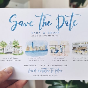 Tarjeta de reserva de fecha personalizada, historia de amor personalizada, cuatro ilustraciones, solo digital