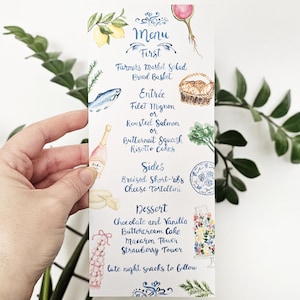 Menú de acuarela caprichoso, pintado a mano con acuarelas, personalizado, iconos de comida, solo digital