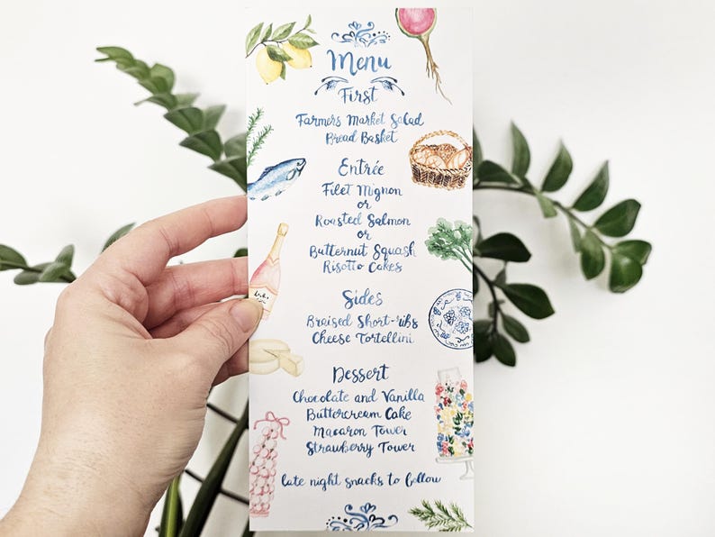 May include: A watercolour illustration of a menu for a wedding reception. The menu features a variety of dishes, including a farmer's market salad, fillet mignon, roasted salmon, butternut squash risotto cakes, braised short ribs, cheese tortellini, chocolate and vanilla buttercream cake, macaron tower, and strawberry tower. The menu also includes the text "late night snacks to follow."