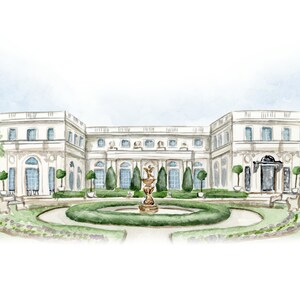 May include: Watercolor painting of a grand, white mansion with a symmetrical design. The building features multiple windows, a central fountain, and manicured landscaping. The artwork has a soft, airy feel with a light blue sky.