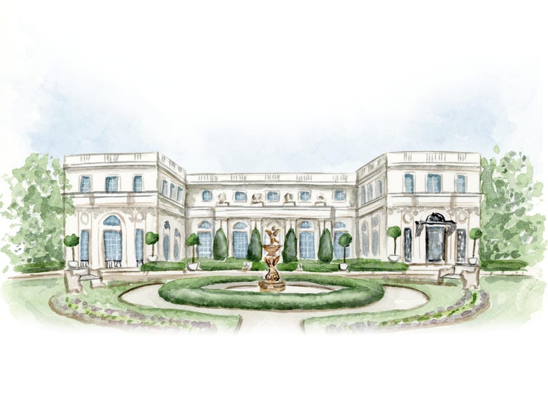 May include: Watercolor painting of a grand, white mansion with a symmetrical design. The building features multiple windows, a central fountain, and manicured landscaping. The artwork has a soft, airy feel with a light blue sky.